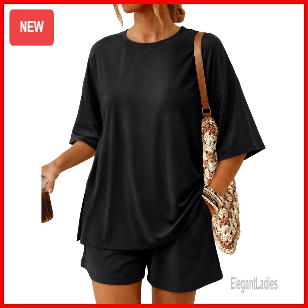 Oversized Top & Loose Fit Shorts Set with Pockets, Rayon Spandex Blend